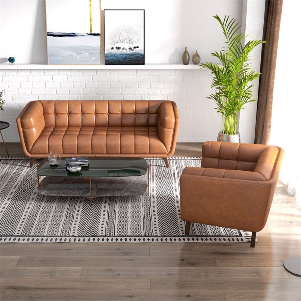 Louis Leatherette Sofa For Living Room - Brown - Torque India